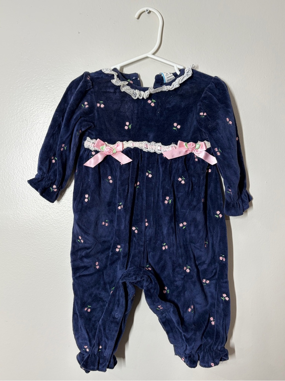 Vintage Navy Infant Footie with Pink Floral Bows size 6-9 months